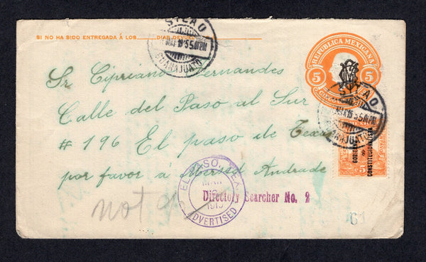 MEXICO - 1915 - CIVIL WAR & POSTAL STATIONERY: 5c orange postal stationery envelope with 'VILLA - ZAPATA' monogram overprint in black (UPSS #E71aB-3, H&G IB10) used with added 1914 5c orange with 'GOBIERNO $ CONSTITUTIONALISTA' overprint in black (SG CT62) tied by SILAO GUANAJUATO cds 10 MAR 1915. Addressed to USA but unclaimed with various markings including EL PASO TEX. ADVERTISED cds in purple on front. Uncommon as the Civil War overprinted envelopes were not valid for use outside of Mexico.  (MEX/41892