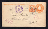 MEXICO - 1915 - CIVIL WAR & POSTAL STATIONERY: 5c orange postal stationery envelope (UPSS #E71a, H&G B61) used with added 1914 5c orange with 'GOBIERNO $ CONSTITUTIONALISTA' overprint in black (SG CT62) tied by YURIRIA GTO cds JAN 22 1915. Addressed to USA with SALVATIERRI transit cds on reverse. Unclaimed with various markings including PHOENIX. ARIZ. ADVERTISED cds in purple on front.  (MEX/41893)