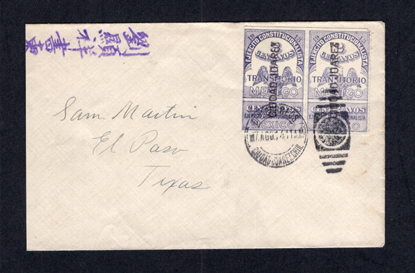 MEXICO - 1914 - CIVIL WAR: 'Chinese Immigrant' cover with handstamp at top left franked with pair 1913 2c lilac 'Transitorio' REVENUE issue with coupon (SG S27B) both stamps with 'CIUDAD JUAREZ' district overprints in purple reading up tied by CIUDAD JUAREZ cds dated 7 AGO 1914. Addressed to TEXAS, USA. A very fine & scarce cover.  (MEX/42049)