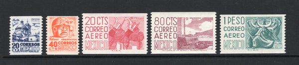 MEXICO - 1953 - COIL ISSUE: 20c deep ultramarine and 40c orange red 'Postage' issue and 20c rose, 80c claret and 1p deep turquoise green 'Air' issue, the set of five COIL stamps Imperf x Perf 11 fine unmounted mint. (SG 877c, 880c & 1020/1022)  (MEX/42933)
