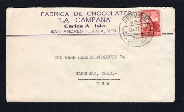 MEXICO - 1932 - TRAVELLING POST OFFICES: Cover with San Andres, Tuxtla, Ver printed company heading at top franked with 1923 10c rose carmine (SG 442) tied by fine strike of SERVICIO AMBULANTE 354 cds dated 3 ABR 1932. Addressed to USA.  (MEX/42960)