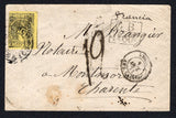 MEXICO - 1871 - CLASSIC ISSUES: Cover franked with a single 1868 50c black on yellow 'Hidalgo' issue, pin-perf (separated by scissors) with '1 71' number and 'MEXICO' district overprint (SG 75, Follansbee #76) tied by FRANCO MEXICO cds. Addressed to FRANCE and rated '19' decimes on arrival with boxed 'G B 1F 60c' accountancy mark with various other transit and arrival marks on front & reverse. A very scarce issue on mail going overseas.  (MEX/43016)