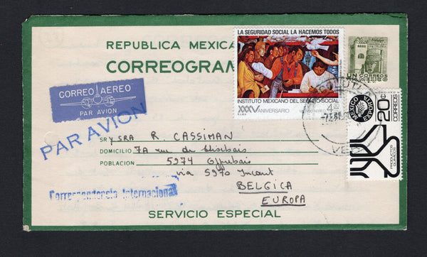 MEXICO - 1980 - POSTAL STATIONERY: 1p olive green 'CORREOGRAMA' postal stationery telegram letter sheet (UPSS #CLS16, H&G HG11) with 'T.I.E.V.' imprint under stamp used with added 1979 4p 30c 'Anniversary of Mexican Social Insurance Institute' issue and 1979 20c black 'Exporta' issue (SG 1423 & 1471) tied by TECOLUTLA VER cds dated 7 JAN 1980. Sent airmail to BELGIUM with arrival cds on reverse. The envelope has a punch hole at left but an uncommon item in used condition.  (MEX/43263)