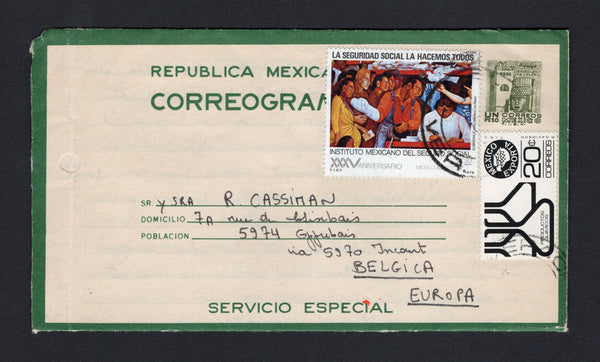 MEXICO - 1980 - POSTAL STATIONERY: 1p olive green 'CORREOGRAMA' postal stationery telegram letter sheet (UPSS #CLS16, H&G HG11) with 'T.I.E.V.' imprint under stamp used with added 1979 4p 30c 'Anniversary of Mexican Social Insurance Institute' issue and 1979 20c black 'Exporta' issue (SG 1423 & 1471) tied by light strikes of VERACRUZ cds. Sent airmail to BELGIUM with manuscript 'Recue le 23/1/80 a jeffe' arrival notation. The envelope has a punch hole at left but an uncommon item in used condition.  (MEX/4