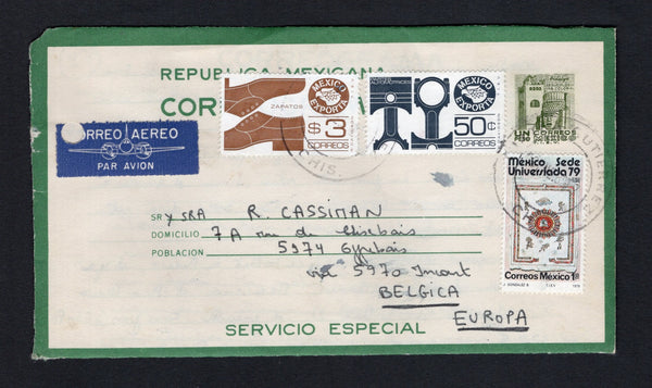 MEXICO - 1980 - POSTAL STATIONERY: 1p olive green 'CORREOGRAMA' postal stationery telegram letter sheet (UPSS #CLS16, H&G HG11) with 'T.I.E.V.' imprint under stamp used with added 1979 50c blue black and 3p yellow brown 'Exporta' issue and 1979 1p 'Universiada '79' issue (SG 1472, 1476 & 1502) tied by TUXTLA GUTIERREZ cds's dated 18 JAN 1980. Sent airmail to BELGIUM with manuscript arrival notation on reverse. The envelope has a punch hole at left but an uncommon item in used condition.  (MEX/43265)