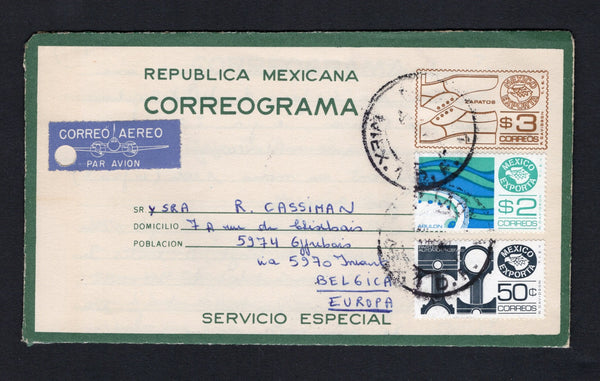 MEXICO - 1980 - POSTAL STATIONERY & EXPORTA ISSUE: 3p brown 'Zapatos' EXPORTA 'CORREOGRAMA' postal stationery telegram letter sheet (UPSS #CLS17, H&G Unlisted, without watermark) used with added 1979 50c blue black and 2p new blue & light blue green 'Exporta' issue (SG 1472 & 1475) tied by light strikes of MEXICO CITY cds's dated 1980. Sent airmail to BELGIUM with manuscript arrival notation on reverse. The envelope has a punch hole at left but an uncommon item in used condition.  (MEX/43266)