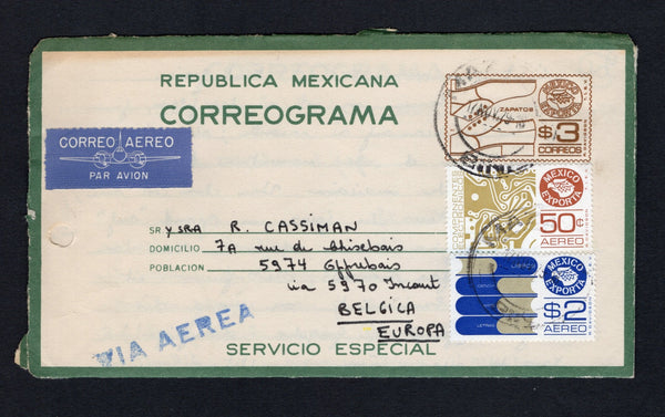 MEXICO - 1979 - POSTAL STATIONERY & EXPORTA ISSUE: 3p brown 'Zapatos' EXPORTA 'CORREOGRAMA' postal stationery telegram letter sheet (UPSS #CLS17, H&G Unlisted, without watermark) used with added 1975 2p gold & ultramarine and 1979 50c olive yellow & chestnut 'Exporta' issue (SG 1361d & 1482) tied by MAZATLAN cds's dated 17 NOV 1979. Sent airmail to BELGIUM with manuscript arrival notation on reverse. The envelope has a punch hole at left but an uncommon item in used condition.  (MEX/43267)