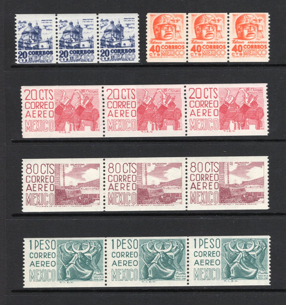 MEXICO - 1953 - COIL ISSUE: 20c deep ultramarine and 40c orange red 'Postage' issue and 20c rose, 80c claret and 1p deep turquoise green 'Air' issue, the set of five COIL stamps Imperf x Perf 11 in fine unmounted mint strips of three. (SG 877c, 880c & 1020/1022)  (MEX/43301)
