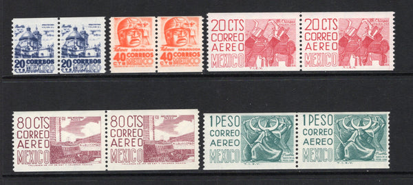 MEXICO - 1953 - COIL ISSUE: 20c deep ultramarine and 40c orange red 'Postage' issue and 20c rose, 80c claret and 1p deep turquoise green 'Air' issue, the set of five COIL stamps Imperf x Perf 11 in fine unmounted mint pairs. (SG 877c, 880c & 1020/1022)  (MEX/43306)