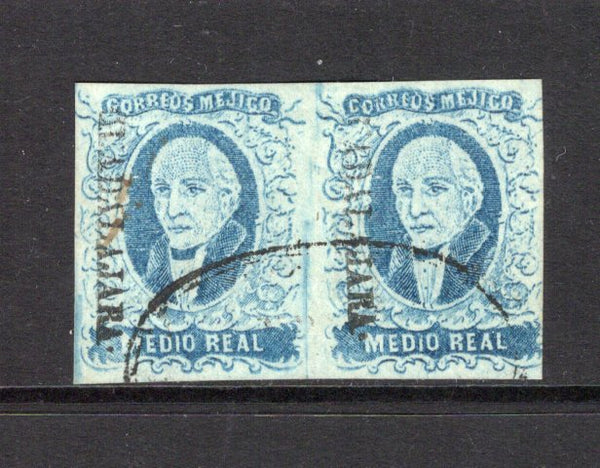 MEXICO - 1856 - HIDALGO ISSUE: ½r blue HIDALGO issue with 'GUADALAJARA' district overprint, a fine used pair with four margins. (SG 1a, Follansbee #1)  (MEX/43337)