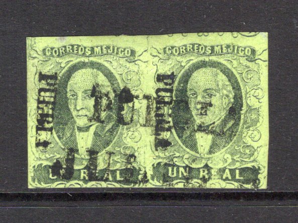 MEXICO - 1861 - HIDALGO ISSUE: 1r grey black on green HIDALGO ISSUE with 'PUEBLA' district overprint a fine used pair with four margins, tight at base. (SG 9b, Follansbee #7a)  (MEX/43338)