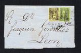 MEXICO - 1870 - HIDALGO ISSUE: Cover franked with 1868 12c black on green and 50c black on yellow HIDALGO issue with 'Thick Figures of Value' pin-perf with '1 70' invoice number and 'MEXICO' district overprints (SG 73 & 75) both tied by somewhat unclear MEXICO CITY cds's. Addressed to LEON. Cover is missing some of the backflaps. A scarce issue on cover.  (MEX/43431)