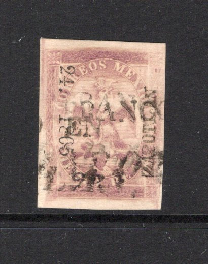MEXICO - 1864 - EAGLE ISSUE: ½r lilac 'Fourth Period' EAGLE issue with '24 - 1865' Invoice No. of Guadalajara and with large '23' sub consignment number and 'ZAPOTLAN' district overprint, a very fine copy with four margins used with part FRANCO EN ZAPOTLAN cancel in black. Very scarce. (SG 31b, Follansbee #35)  (MEX/43507)