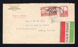 MEXICO - 1928 - FIRST FLIGHT: Cover franked with 1923 10c rose carmine and 1927 25c sepia & lake AIR issue (SG 442 & 454) tied by SERVICIO AEREO VERACRUZ cds dated 15 OCT 1928 with airmail label alongside. Flown on the 'Vera Cruz - Minatitlan - Villa Hermosa - C. del Carmen - Campeche - Merida' first flight by CMA with '15 Octubre de 1928 R.A.C. No.2 VERACRUZ - MERIDA' Route Map first flight cachet in purple on reverse. Addressed to MERIDA with arrival cds on reverse. (Muller #13)  (MEX44245)