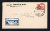 MEXICO - 1930 - TRAVELLING POST OFFICES & CINDERELLA: Printed 'Ferrocarril Sud-Pacifico de Mexico, Guadalajara, Jalisco, Mexico' cover franked with single 1923 10c rose carmine (SG 442) tied by SERVICIO AMBULANTE 76 cds dated 29 FEB 1932 with lovely printed blue 'MEXICO JALISCO' Waterfall cinderella label on front. Addressed to USA.  (MEX44260)