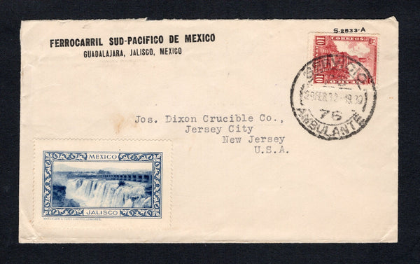 MEXICO - 1930 - TRAVELLING POST OFFICES & CINDERELLA: Printed 'Ferrocarril Sud-Pacifico de Mexico, Guadalajara, Jalisco, Mexico' cover franked with single 1923 10c rose carmine (SG 442) tied by SERVICIO AMBULANTE 76 cds dated 29 FEB 1932 with lovely printed blue 'MEXICO JALISCO' Waterfall cinderella label on front. Addressed to USA.  (MEX44260)