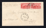 MEXICO - 1935 - AIRMAIL: Cover franked with pair 1934 20c lake (SG 576) tied by SERVICIO AEREO GUADALAJARA cds dated 16 MAY 1935. Addressed to USA with good strike of circular 'R.A.C. No.5 R.M.' (Ruta Aerea Contratada - route no. 5 - Mexico City - Tijuana) airmail route marking on front and MAZATLAN and LEON transit cds's on reverse.  (MEX44268)