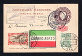 MEXICO - 1928 - FIRST FLIGHT: 10c on 1c lilac postal stationery card with 'Gold Currency' overprint (H&G 127, UPSS #PC124) used with added 1923 4c green and 1927 25c sepia & lake AIR issue (SG 440 & 454) tied by TAMPICO cds's dated 15 ABR 1928. Flown on the Tampico - Tuxpan - Mexico City first flight with green & red airmail label and boxed 'MEXICO-TUXPAN-TAMPICO' first flight cachet in violet both on front. Addressed to MEXICO CITY with arrival cds on front. (Muller #8)  (MEX44296)