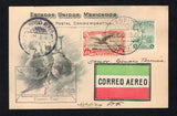 MEXICO - 1928 - FIRST FLIGHT: Lovely engraved 'Casa de Correos Inaugurada en 17 de Febrero de 1907' postcard franked with 1923 4c green and 1927 25c sepia & lake AIR issue (SG 440 & 454) tied by TAMPICO cds dated 15 ABR 1928. Flown on the Tampico - Tuxpan - Mexico City first flight with green & red airmail label and boxed 'MEXICO-TUXPAN-TAMPICO' first flight cachet in violet both on front. Addressed to MEXICO CITY with arrival cds on front. (Muller #8)  (MEX44297)