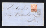 MEXICO - 1873 - CANCELLATION: Cover franked with 1872 25c red with '30 - 72' invoice number & 'OAXACA' district overprint in black (SG 89) tied by fine strike of fancy boxed straight line PINOTEPA DE LUIS marking in black with manuscript 'Fbro 3' date added below. Addressed to PUEBLA with arrival cds on reverse. Fine & scarce.  (MEX44407)