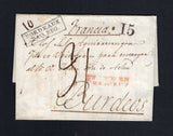 MEXICO - 1830 - PRESTAMP & TRANSATLANTIC MAIL: Complete folded letter datelined 'Mejico Mayo 22 de 1830' with two line 'FRANCO EN VERACRUZ' marking in red on front. Addressed to 'Burdeos' BORDEAUX, FRANCE with manuscript '10' rate marking, boxed 'BORDEAUX PAQ. REG' marking, small handstruck '15' rate mark and '91' decimes rate mark all in black on front with arrival cds on reverse. A rare early cover handled by both the Mexican and French postal services.  (MEX45394)