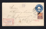MEXICO - 1903 - POSTAL STATIONERY & REGISTRATION: 5c dark blue postal stationery envelope (H&G B51) used with added 1899 10c yellow brown & purple (SG 270) tied by ASIENTOS cds dated FEB 21 1903 with printed red on white registration label with 'ASIENTOS' handstamp in purple alongside. Addressed to MEXICO CITY with arrival mark on reverse,  (MEX45406)
