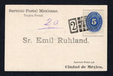 MEXICO - 1893 - TRAVELLING POST OFFICES: Printed commercial postcard for 'Das Echo' a German language newspaper datelined 'San Luis Potosi, Mai 12/93' franked with 1892 5c blue 'Numeral' issue (SG 212) tied by killer grid '2' travelling post office cancel in black. Addressed to MEXICO CITY with arrival cds on reverse.  (MEX45591)