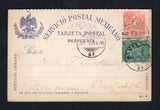 MEXICO - 1898 - POSTAL STATIONERY: 2c + 2c red & blue 'Mulitas' postal stationery reply card (H&G 90, UPSS #PC85 with large lettering) used with added 1895 1c green 'Mulitas' issue (SG 218) tied by MEXICO DF cds's dated MAR 6 1898. Addressed to USA with arrival cds on reverse. A difficult card to find in used condition with message on reverse and reply card attached but unused.  (MEX45600)