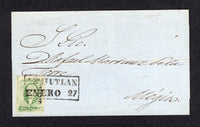 MEXICO - 1857 - CLASSIC ISSUES & CANCELLATION: Cover franked with 1856 2r emerald 'Hidalgo' issue with 'JALAPA' district overprint (SG 3), a fine four margin copy tied by superb boxed TESIUTLAN ENERO 27 cancel in black. Addressed to MEXICO CITY.  (MEX/603)