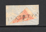 MEXICO - 1856 - HIDALGO ISSUE & BISECT: 4r dull vermilion HIDALGO issue with 'Veracruz' district overprint DIAGONALLY BISECTED on small piece cancelled by fine strike of straight line TUXTEPEC cancel. With 1989 MEPSI certificate. (SG 4c, Follansbee #4½)  (MEX9359)