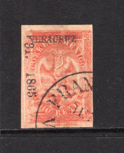 MEXICO - 1865 - EAGLE ISSUE: 8r carmine red 'Fourth Period' EAGLE issue with '31 - 1865' Invoice No. & 'Veracruz' district overprint, a fine cds used copy with four margins. (SG 35, Follansbee #39)  (MEX/9364)