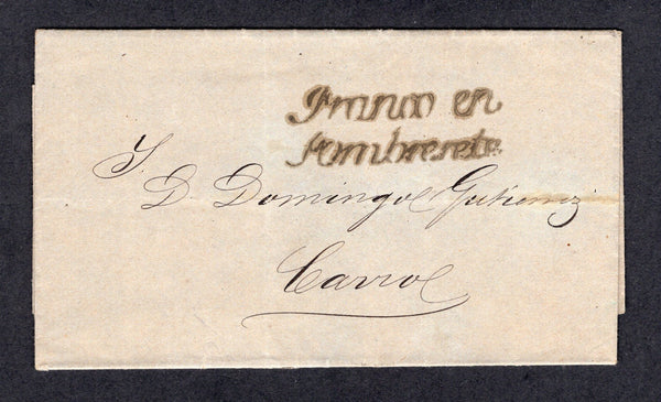 MEXICO - 1868 - SELLO NEGRO: Stampless cover from SANTA CATARINA to CARRAL with fine strike of straight line 'italic' FRANCO EN SOMBRERETE marking in black with large '2' rate marking on reverse.  (MEX/9988)