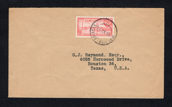 MALDIVE ISLANDS - 1957 - DEFINITIVE ISSUE: Cover franked with single 1956 25l rose red 'Male Harbour' issue (SG 38) tied by MALDIVE ISLANDS cds dated 26. XII 1957. Addressed to USA with manuscript 'Rcd 24 Feb 58' notation on reverse.  (MLD/43260)