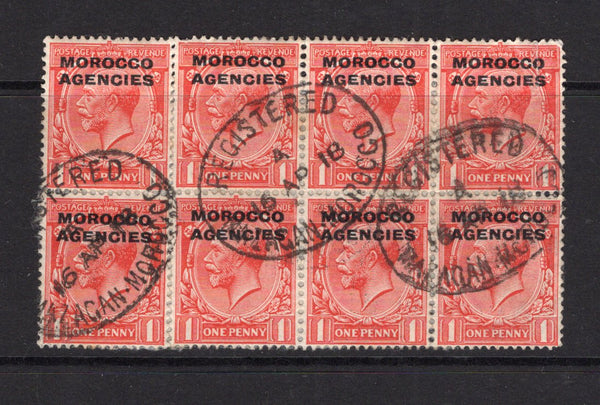 MOROCCO AGENCIES - 1914 - MULTIPLE & CANCELLATION: 1d scarlet GV British currency issue, a fine used block of eight with oval REGISTERED MAZAGAN cancels dated 16 APR 1918. (SG 43)  (MOR/14518)