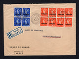 MOROCCO AGENCIES - 1955 - REGISTRATION & DESTINATION: Registered cover franked with 1956 block of six & pair ½d orange red and block of four 1d ultramarine QE2 issue with 'TANGIER' overprints (SG 313/314) tied by TANGIER cds's with printed blue & white 'TANGIER' registration label alongside. Addressed to CARACAS, VENEZUELA with arrival mark on reverse.  (MOR21482)