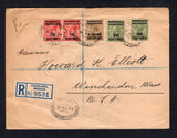 MOROCCO AGENCIES - 1934 - REGISTRATION: Registered cover franked with 1925 pair 10c on 1d scarlet, 2 x 90c on 9d olive and 1f 50c on 1/- bistre brown GV issue overprinted in French Currency (SG 203, 209 & 210) tied by oval REGISTERED CASABLANCA cancels with printed blue & white 'CASABLANCA' registration label alongside. Addressed to USA with transit & arrival marks on reverse. Nice franking.  (MOR21496)
