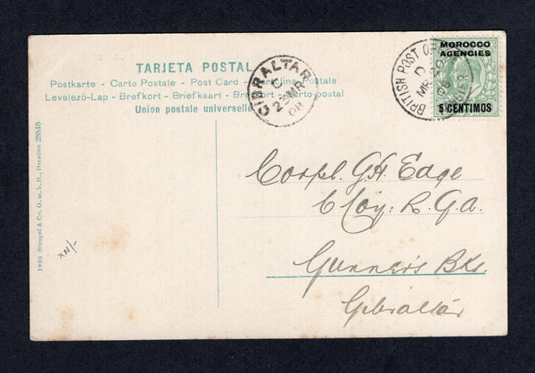 MOROCCO AGENCIES - 1908 - EVII ISSUE & DESTINATION: Coloured PPC 'Hotel Cecil mit Blick auf die Stadt Tanger' franked on message side with 1907 5c on ½d pale yellowish green EVII issue overprinted in Spanish Currency (SG 112) tied by fine TANGIER cds. Addressed to GIBRALTAR with arrival cds on front.  (MOR/21505)