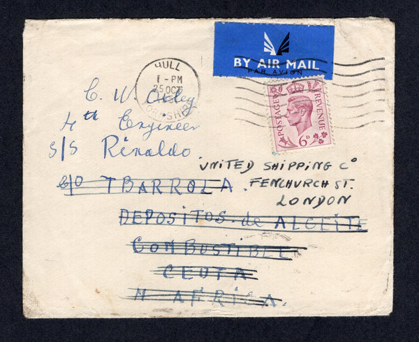 MOROCCO AGENCIES - 1951 - TRANSIT MAIL: Cover sent airmail from Great Britain franked with 1937 6d purple GVI issue (SG 470) tied by HULL machine cancel. Addressed to CEUTA, N. AFRICA (Spanish Colony) sent via the British P.O. at Tetuan with TETUAN cds on reverse with CEUTA arrival cds's.  (MOR/21508)