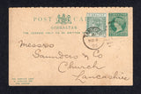 MOROCCO AGENCIES - 1896 - GIBRALTAR USED IN MOROCCO: 5c + 5c green QV postal stationery replycard of Gibraltar (H&G 18) reply half only datelined 'Telegraph House, Tangier' on reverse used with added Gibraltar 1889 5c green QV issue (SG Z141) tied by fine TANGIER 'A26' duplex cancel dated NOV 4 1895. Addressed to UK. Fine.  (MOR/26211)