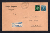 MOROCCO AGENCIES - 1938 - REGISTRATION & CANCELLATION: Registered cover franked with 1935 1p on 10d turquoise blue GV issue and 1936 5c on ½d green GVI issue overprinted in Spanish currency (SG 159/160) tied by oval REGISTERED BRITISH POST OFFICE TETUAN cancels dated 17 JUL 1937 with printed blue & white 'TETUAN, MOROCCO' registration label alongside. Addressed to TANGIER with arrival marks on reverse. A nice cover.  (MOR29600)