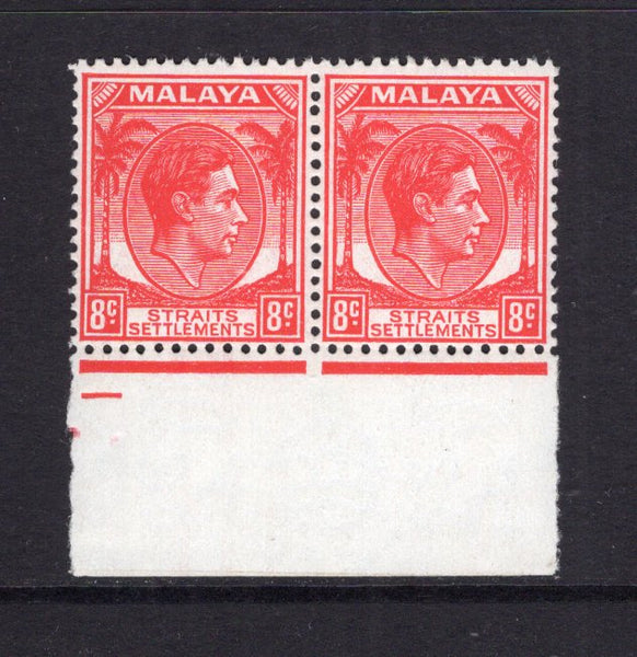 MALAYA - STRAITS SETTLEMENTS - 1937 - UNISSUED: 8c scarlet GVI issue PREPARED FOR USE BUT UNISSUED a fine mint bottom marginal pair.  (MYA/14315)