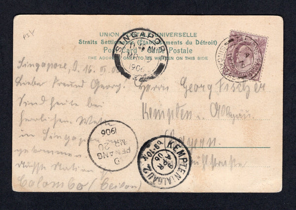 MALAYA - STRAITS SETTLEMENTS - 1906 - CANCELLATION: Colour PPC 'Singapore - Boat Quay' franked on message side with 1904 3c dull purple EVII issue (SG 128) tied by TANJONG PAGAR SINGAPORE cds. Addressed to GERMANY with SINGAPORE and PENANG transit cds's and GERMAN arrival cds all on front.  (MYA/21250)