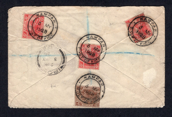 MALAYA - FEDERATED MALAY STATES - 1928 - REGISTRATION & CANCELLATION: Registered cover franked on reverse with 1922 3c brown and 3 x 6c scarlet 'Tiger' issue (SG 58 & 64) all tied by individual strikes of KAMPAR POST OFFICE registration cds with printed blue & white 'Kampar' registration label on front. Addressed to UK with IPOH transit cds on reverse. Cover has some light creasing.  (MYA/21259)