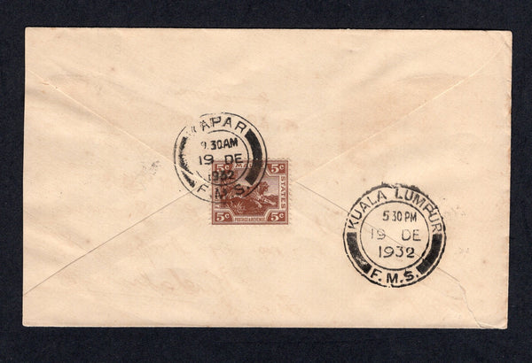 MALAYA - FEDERATED MALAY STATES - 1932 - FEDERATED MALAY STATES USED IN SELANGOR & CANCELLATION: Cover franked on reverse with 1921 5c brown 'Tiger' issue (SG 62) tied by KAPAR F.M.S. cds with additional strike on front. Addressed to KUALA LUMPUR with arrival cds on reverse.  (MYA/21260)