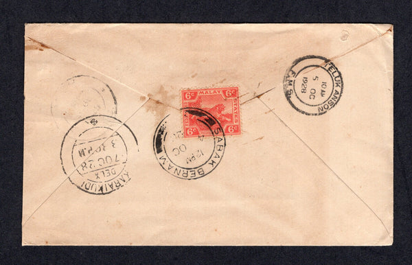 MALAYA - FEDERATED MALAY STATES - 1928 - FEDERATED MALAY STATES USED IN SELANGOR & CANCELLATION: Cover franked on reverse with 1921 6c scarlet 'Tiger' issue (SG 64) tied by SABAK BERNAM cds with additional strike on front. Addressed to INDIA with TELUK ANSON transit cds and INDIAN arrival cds on reverse. Cover has light overall toning.  (MYA/21262)