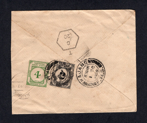 MALAYA - FEDERATED MALAY STATES - 1928 - POSTAGE DUE: Incoming Indian 1a brown postal stationery envelope (H&G B13) used from BURMA with KYAIKTO cds, taxed with hexagonal 'T C 20' marking on front and reverse. Addressed to KAJANG, PENANG with 1924 2c black and 4c green 'Postage Due' issue (SG D2/D3) applied on arrival and cancelled by KAJANG cds with second strike alongside with partial KUALA LUMPUR transit mark.  (MYA/21265)