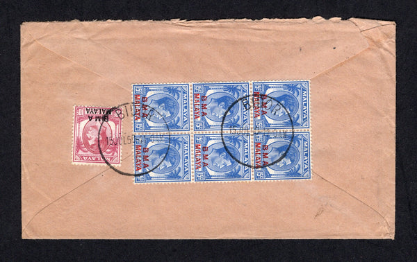 MALAYA - BRITISH MILITARY ADMINISTRATION - 1950 - CANCELLATION: Cover franked on reverse with 1945 10c purple and block of six 15c bright ultramarine GVI issue with 'B M A MALAYA' overprints (SG 8a & 12a) tied by BIDOR cds's (located in Perak). Sent airmail to UK.  (MYA/21267)