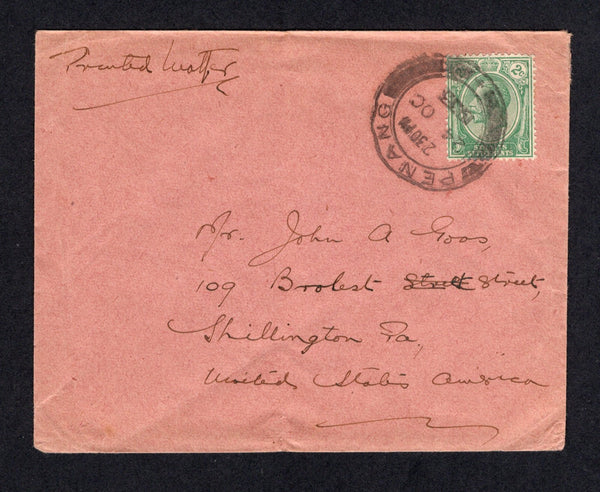 MALAYA - PENANG - 1933 - STRAITS SETTLEMENTS USED IN PENANG & RATE: Unsealed cover with manuscript 'Printed Matter' at top franked with single Straits Settlements 1921 2c green GV issue (SG 219) tied by PENANG cds. Addressed to USA.  (MYA/21300)