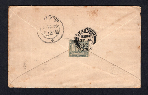 MALAYA - SELANGOR - 1938 - CANCELLATION: Cover franked on reverse with 1935 8c grey (SG 75) tied by SEMENYIH F.M.S. cds. Addressed to INDIA with arrival cds also on reverse.  (MYA/21333)