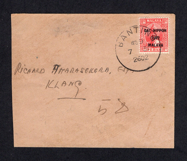 MALAYA - JAPANESE OCCUPATION - 1942 - CANCELLATION: Cover franked with 1942 8c scarlet issue of PERAK with 'DAI NIPPON 2602 MALAYA' overprint in black (SG J248) tied by fine strike of large BANTING 'Skeleton' cds dated '2602'. Addressed to KLANG. Cover is trimmed at left. Scarce cancel.  (MYA/21337)